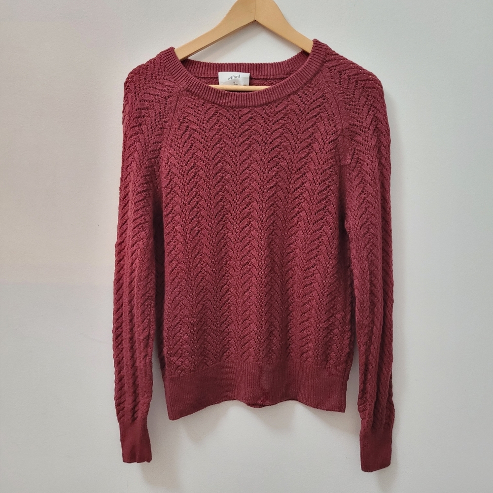 WILFRED ARITZIA ARBOR Knit Pointelle 100% Merino Wool Burgundy Rust Sweater M - Picture 2 of 5